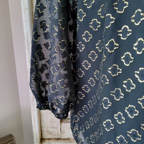 Notations Women's 3/4 Sleeve Foiled Jacquard Chiffon Blouse in Black & Gold - Picture 5 of 10